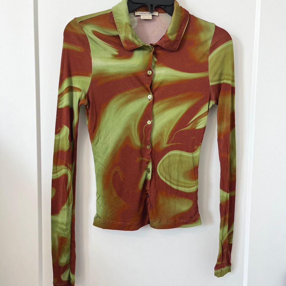 Paloma Wool Oboe Fitted Button Up Marble Print Shirt Small 100% Viscose